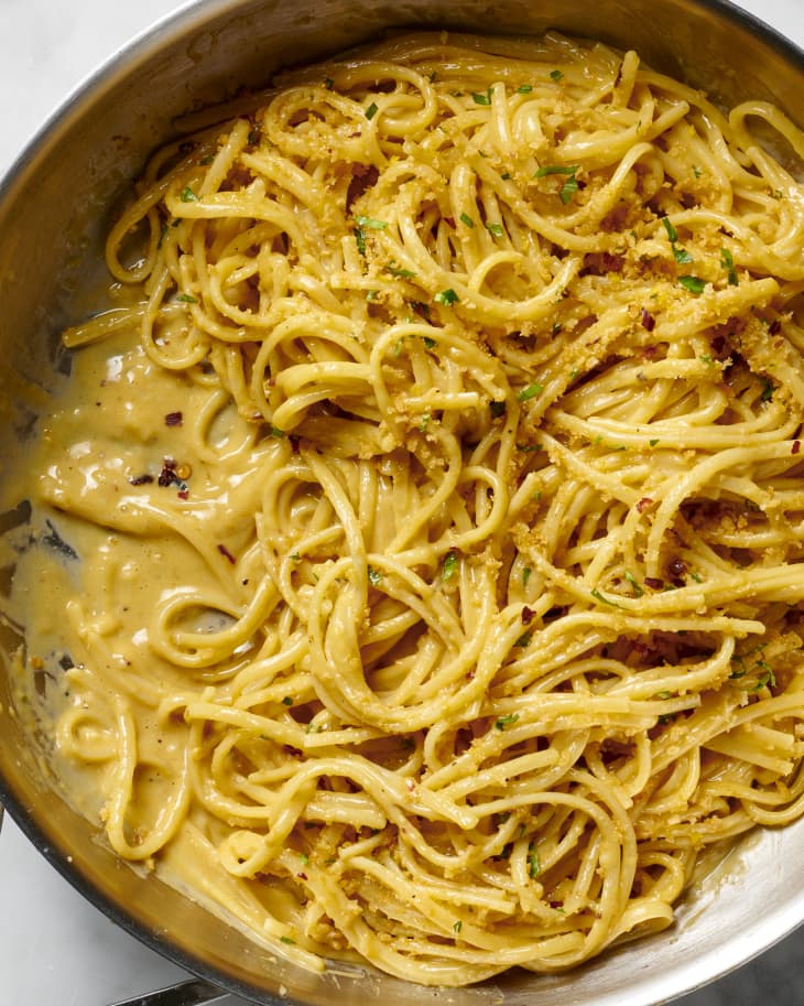 anchovy carbonara pasta dish in a skillet