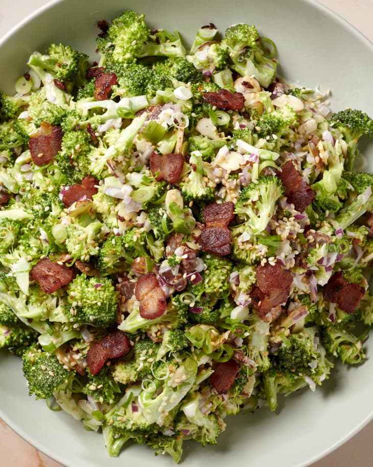 bacon broccoli salad in a serving bowl