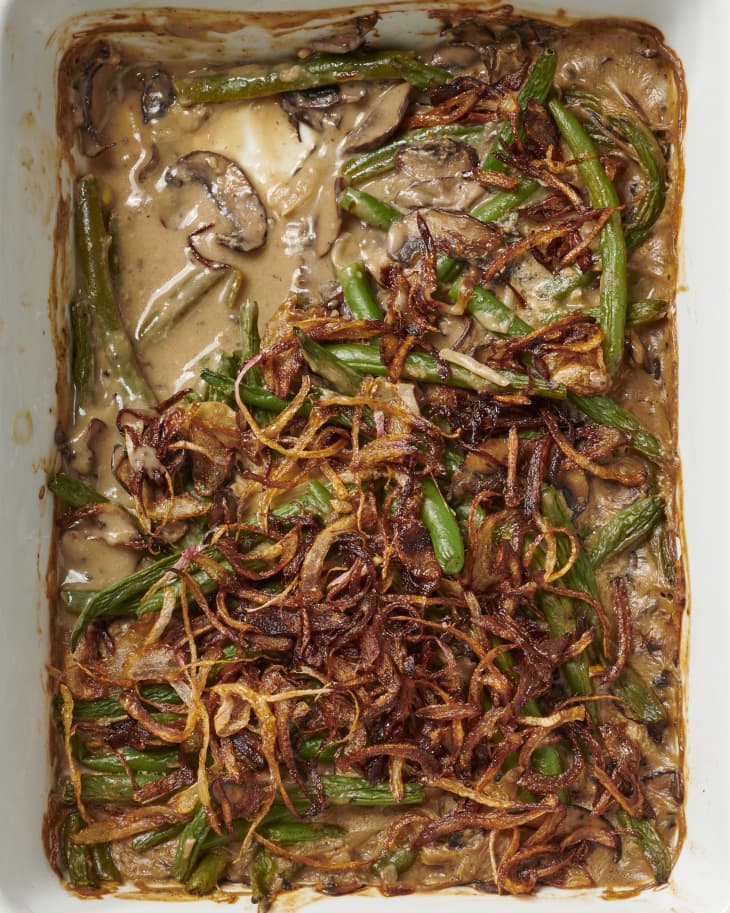 vegan green bean casserole with top left corner missing showing inside