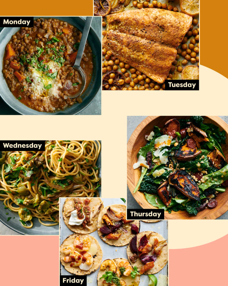 Weekly meal plan with lentil stew, roasted fish, spaghetti, salad, and assorted tacos labeled Monday to Friday.
