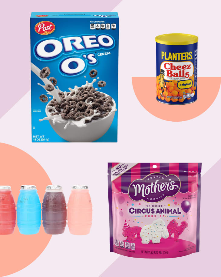 Graphic collage of 4 childhood snacks: a box of Oreo O's cereal, a cannister of Planters Cheez Balls, a bag of Mother's brand circus animal cookies, and 4 bottles of Little Hugs juice drinks.
