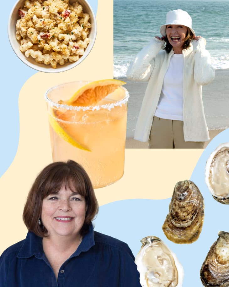 Graphic collage representing the coastal grandmother trend of lobster mac and cheese, a paloma cocktail, fresh oysters, movie still of Diane Keaton in Something's Gotta Give, and Ina Garten.