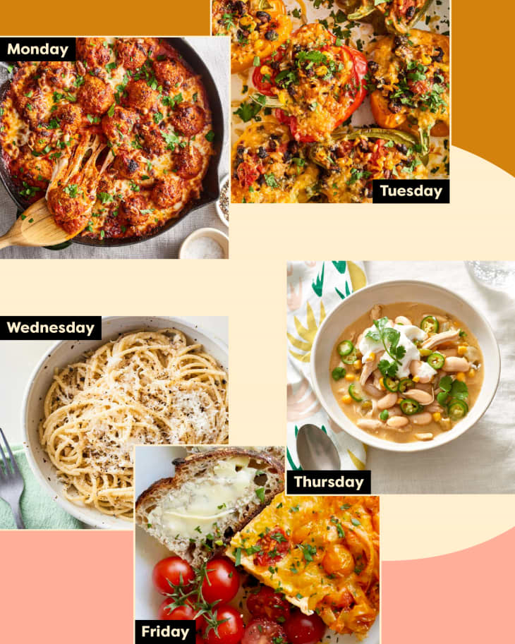 Five different photos of easy, comforting dinners labeled with days of the week.