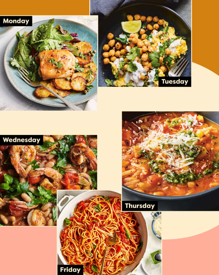 Five different photos of dinners in a graphic labeled by the days of the week.