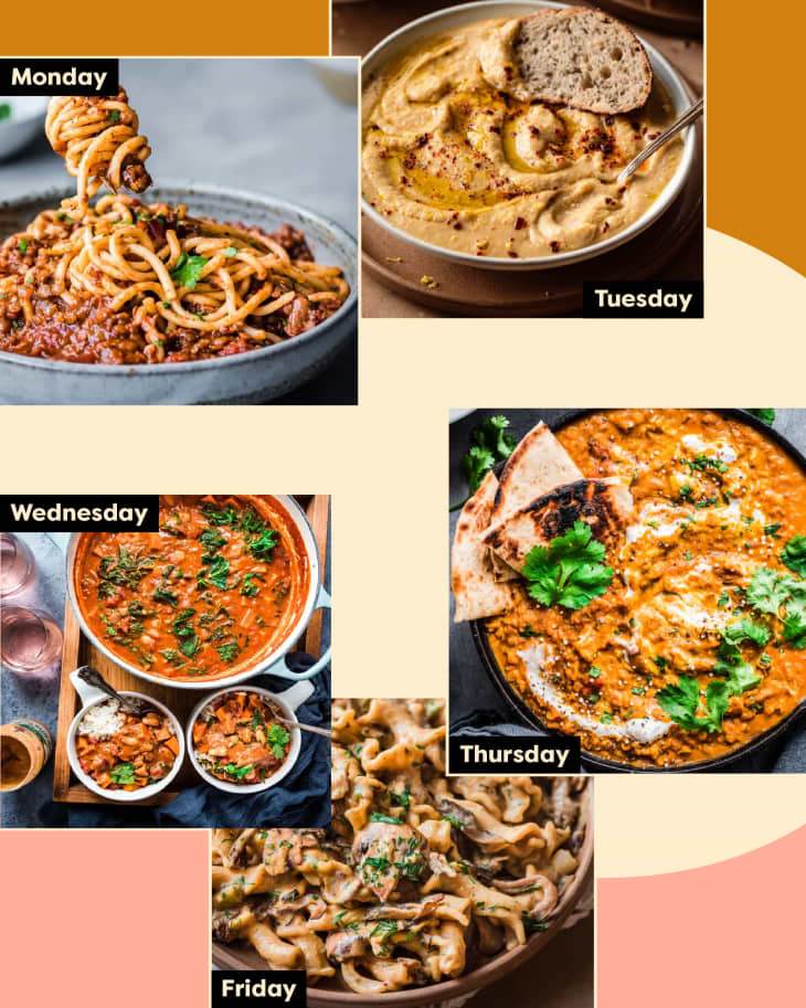 Five different photos of dinners in a graphic labeled by the days of the week.
