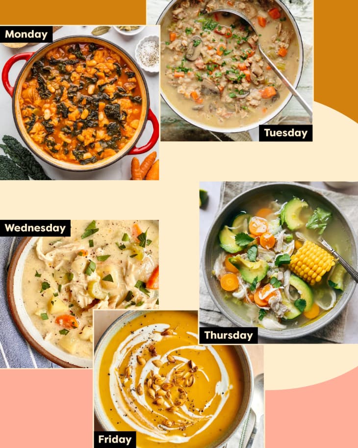A graphic featuring five photos of easy soups to make for dinner labeled by the days of the week.