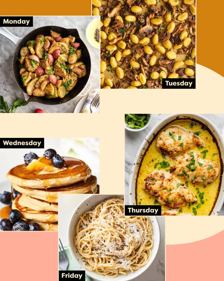 A graphic featuring five photos of three-ingredient dinners labeled by the days of the week.