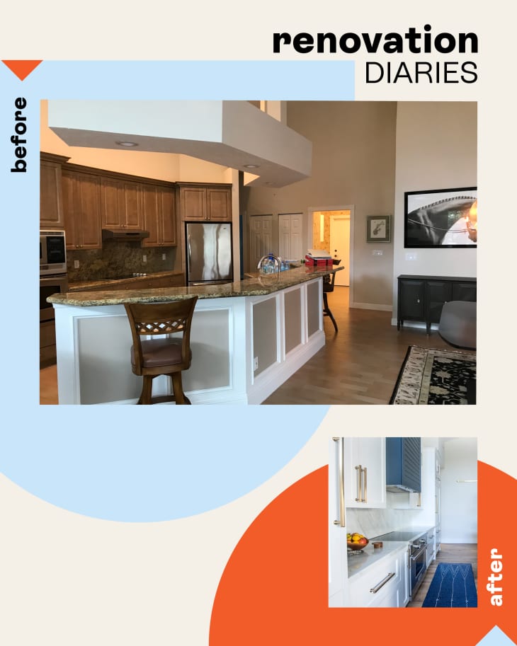 A graphic featuring before and after images of a kitchen renovation.