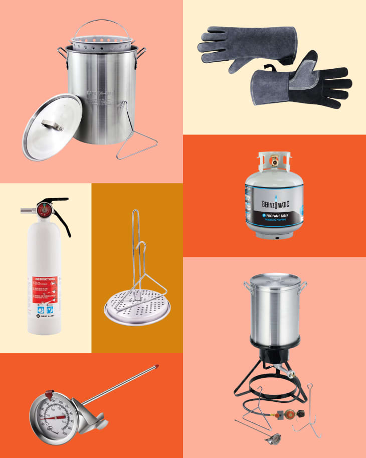 Graphic collage showing 7 tools used for deep-frying a Thanksgiving turkey.