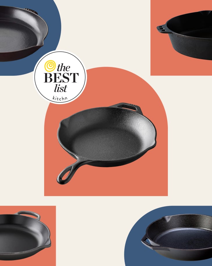 A graphic featuring cast iron skillets from different brands.
