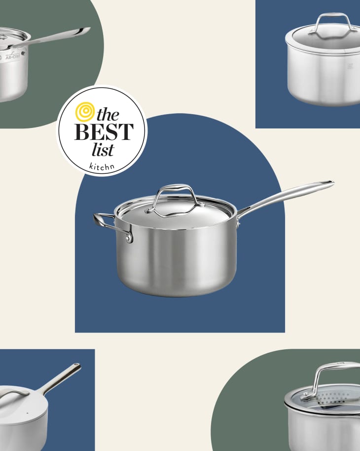 A graphic featuring sauce pans from different brands.