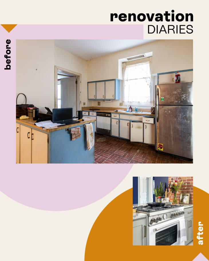 A graphic featuring 'before' and 'after' images of Dana McMahan's kitchen renovation.