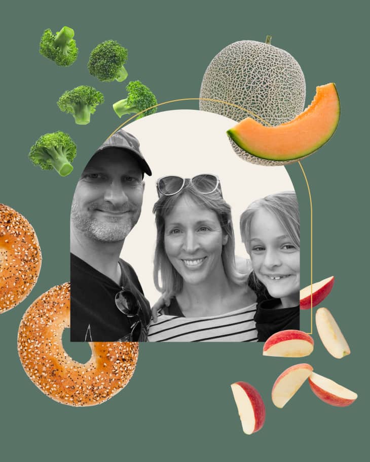 Collage showing the writer Megan with her husband and daughter with broccoli, cantaloupe, bagels, and apples from their grocery list for the week