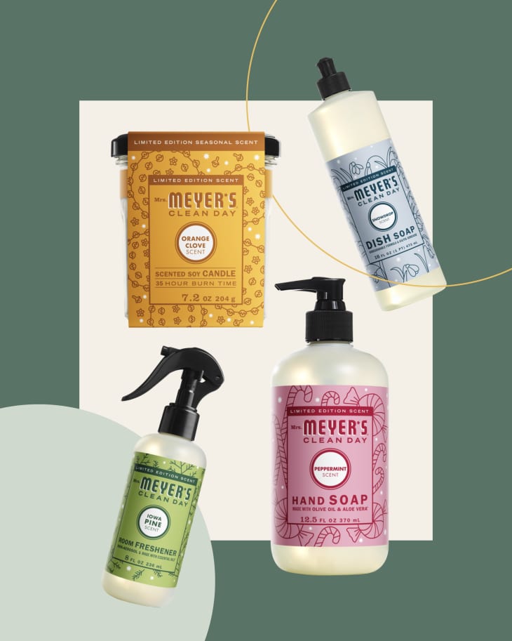 Graphic product collage with Mrs. Meyer's Orange Clove scented soy candle, a Snowdrop scented Dish Soap, an Iowa Pine scented Room Freshener, and a Peppermint scented Hand Soap