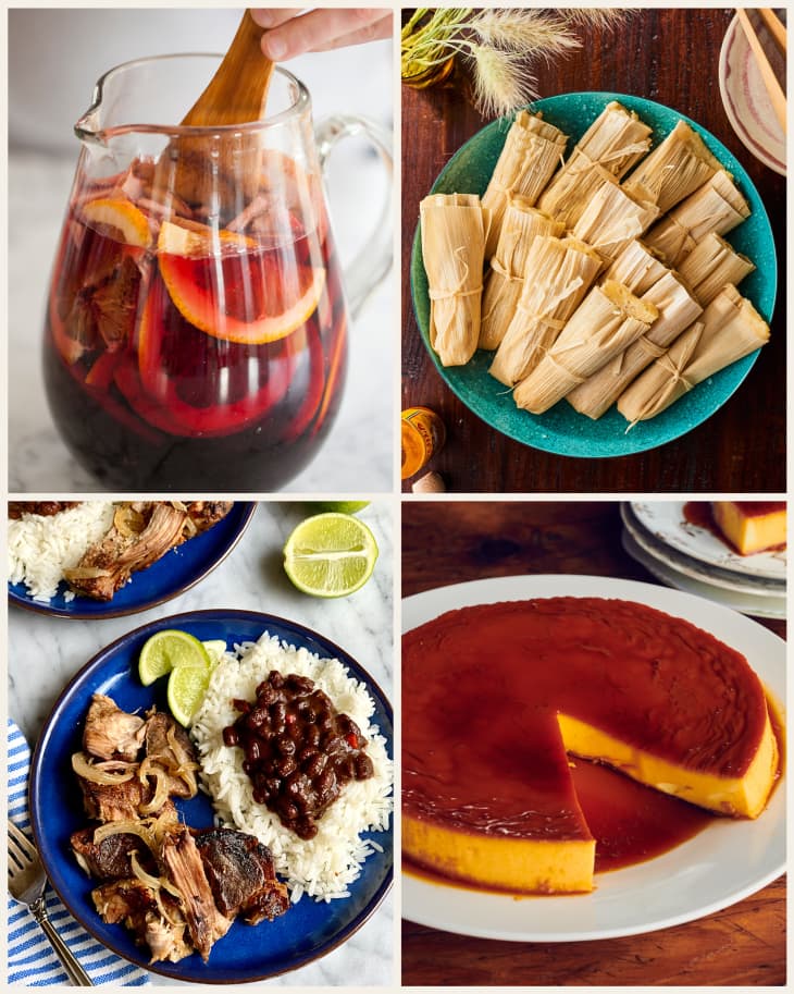 4 different nochebuena dishes including red wine sangria, tamales, roast pork with rice and beans, and flan