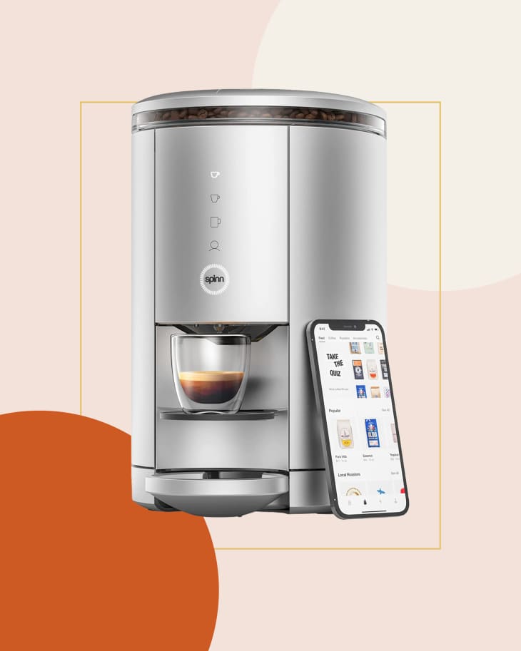 Spinn smart coffee maker shown with an iphone on a graphic background