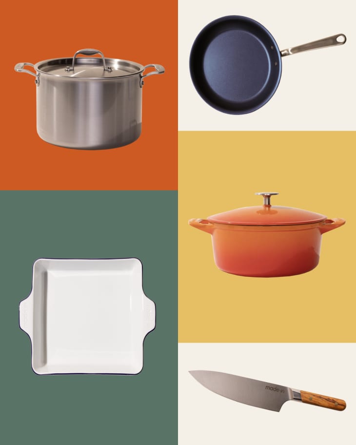 Made in kitchen products in a grid. Stock pot, frying pan, baking dish, dutch oven, knife