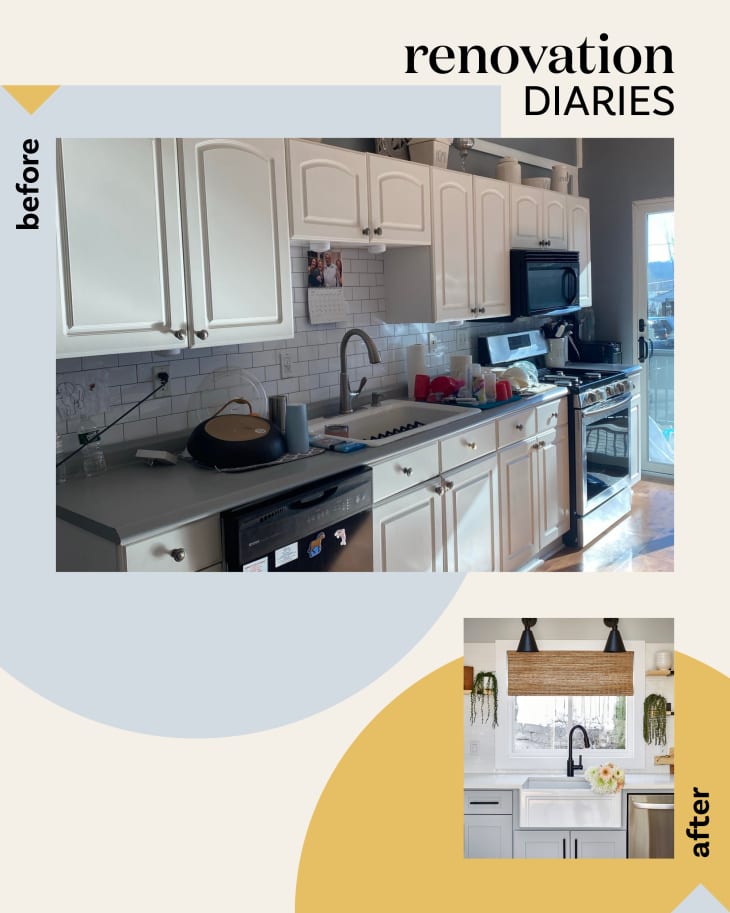 Graphic showing before and after shots of Alicia Ragonese's kitchen
