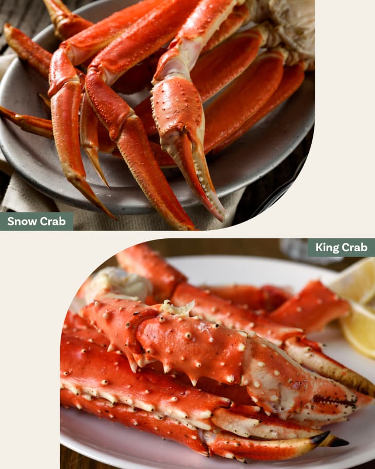 Graphic showing labeled photos of snow crab legs and king crab legs