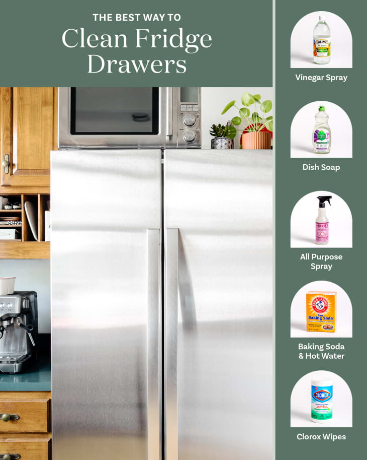 Graphic showing a refrigerator in a kitchen and the five methods of cleaning fridge drawers