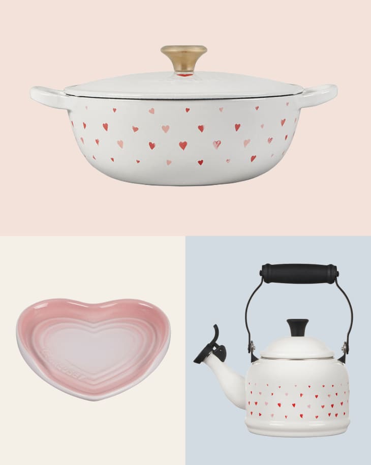 3 products (tea kettle, spoon rest, soup pot) from Le Creuset's L'amour Collection for Valentine's Day