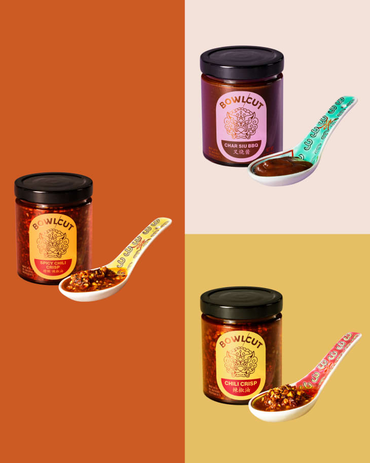 Jars of Bowlcut Chili Crisp, Char Siu BBQ, and Spicy Chili Crisp on graphic colored background