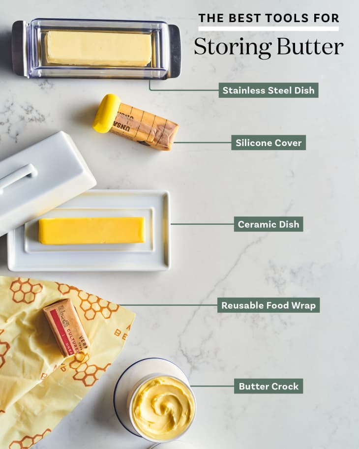 Lineup of five different ways to store a stick of butter on a marble surface