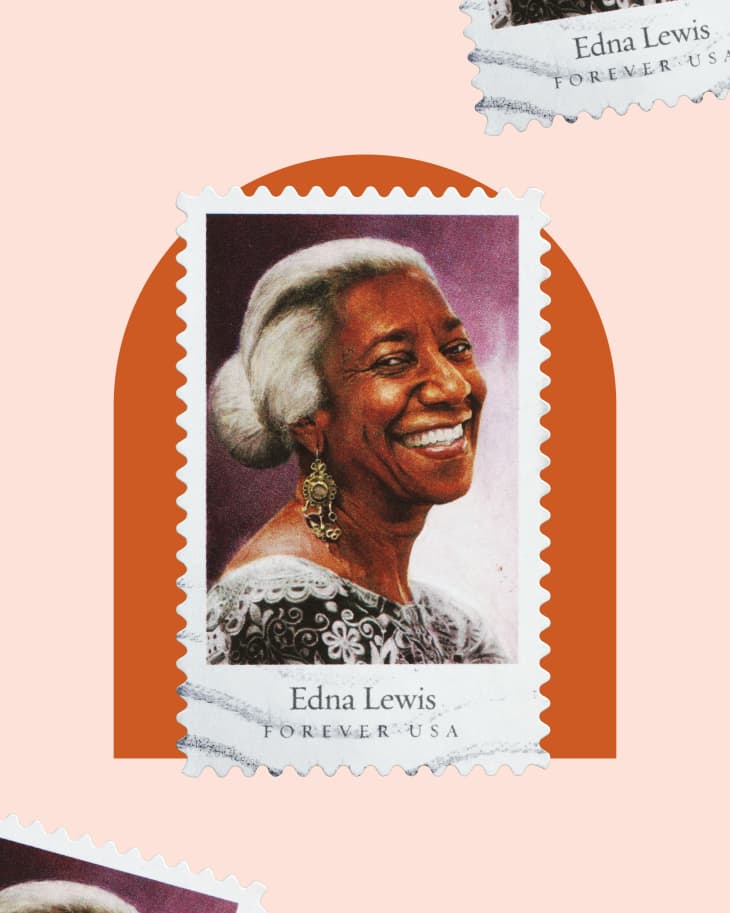 Forever USA stamp of Edna Lewis on a graphic shape