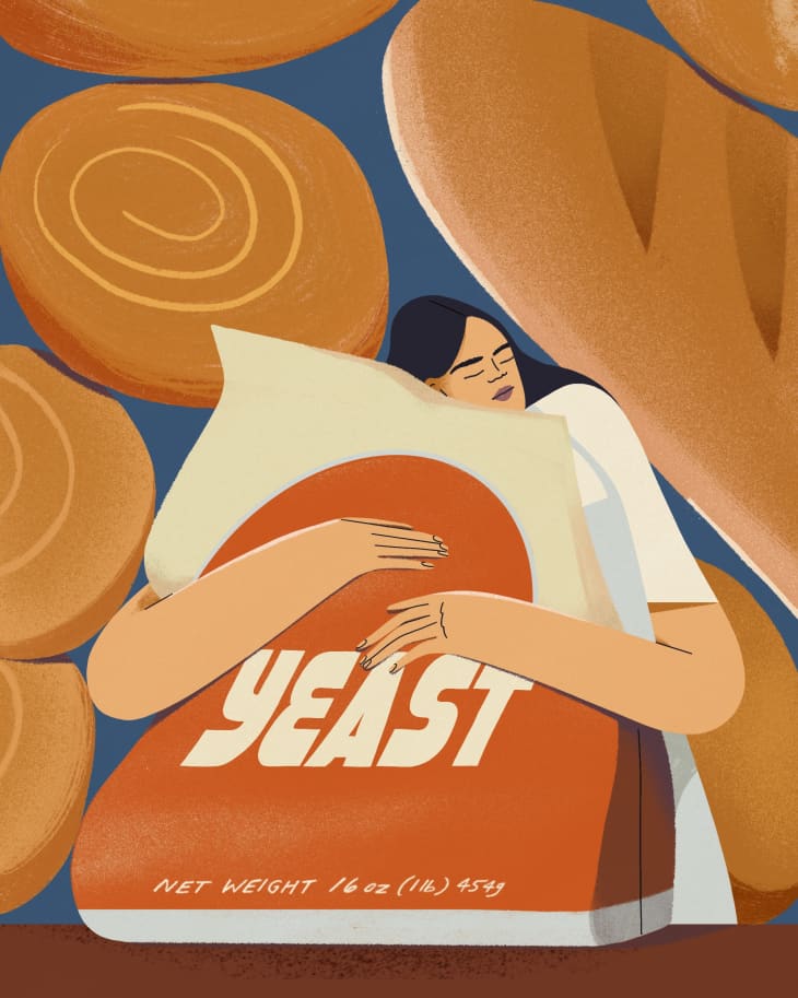 Illustration of a woman hugging a 1 lb bag of yeast with bread shapes in the background