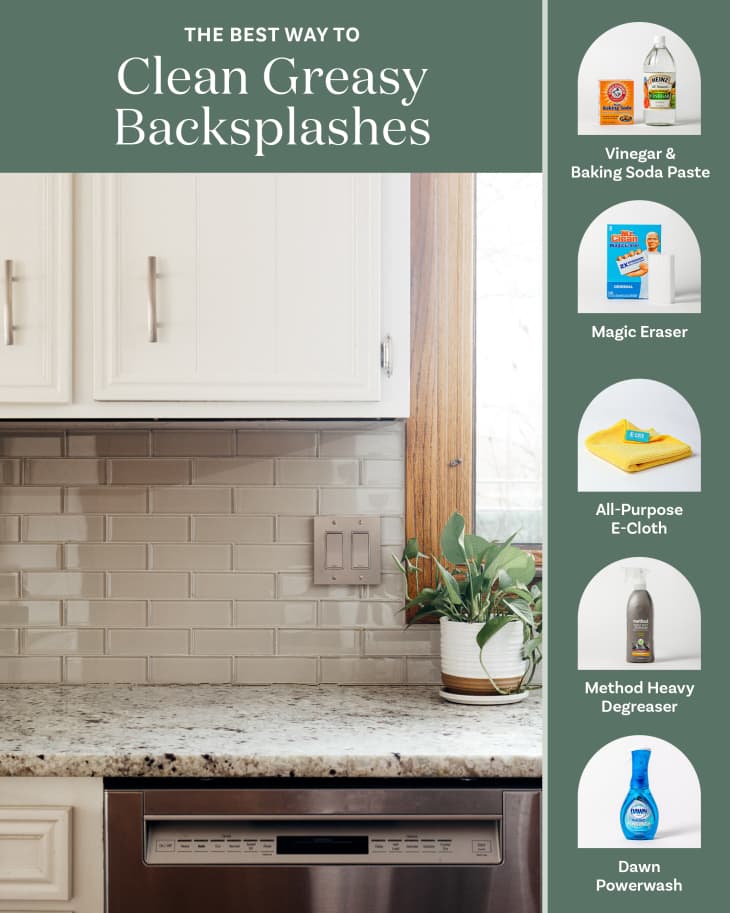 Photo of a kitchen backsplash next to a lineup of five different methods to clean backsplashes