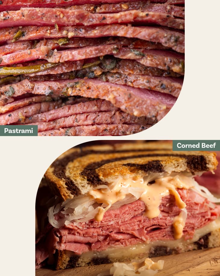 graphic with 2 photos: top is stack of pastrami slices, bottom is a reuben sandwich made with corned beef