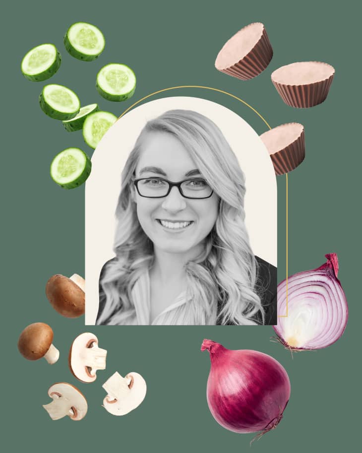 Collage showing grocery diary author Kylie with some of the foods from her grocery list like cucumbers, mini peanut butter cups, mushrooms, and red onions.