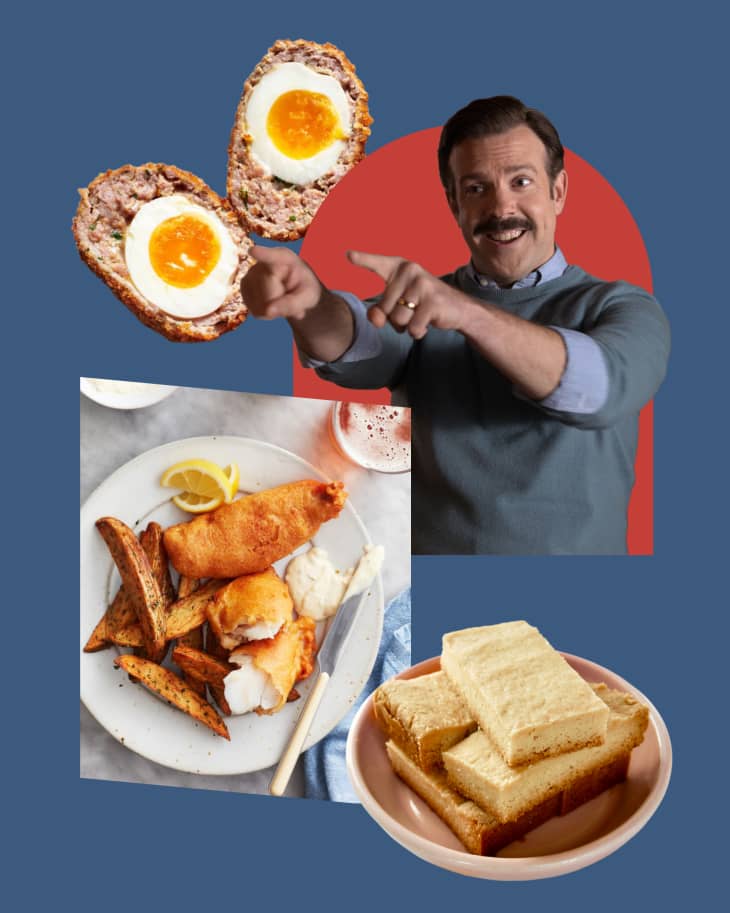 Graphic collage with Ted Lasso surrounded by British foods like Scotch eggs, a plate of fish and chips, and his character's biscuits