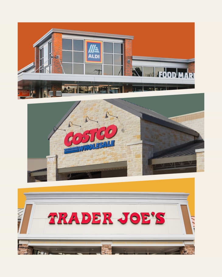 Graphic collage of Aldi, Costco, and Trader Joe's storefronts