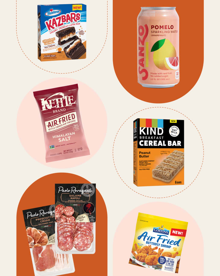 graphic collage of six new grocery products in round shapes