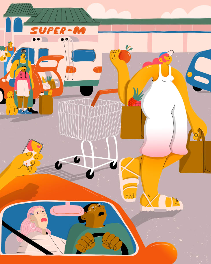 Illustration of a woman leaving the grocery store and leaving her shopping cart behind her in the middle of the parking lot with shocked people watching her