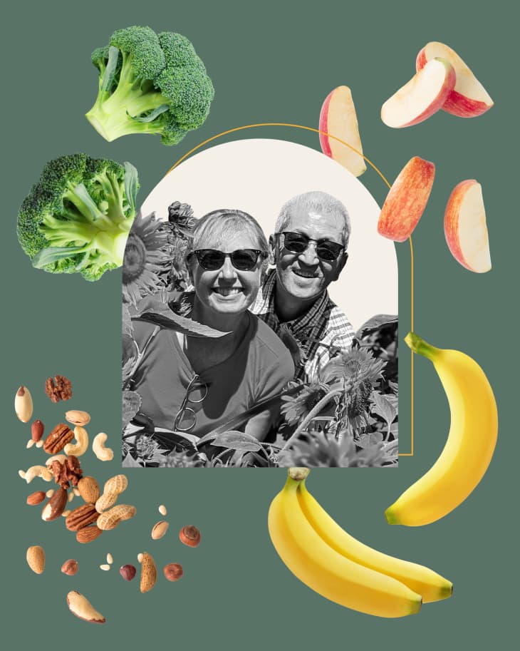 graphic collage of the author Allyson and her husband surrounded by some of their grocery items including broccoli, gala apples, bananas, and mixed nuts