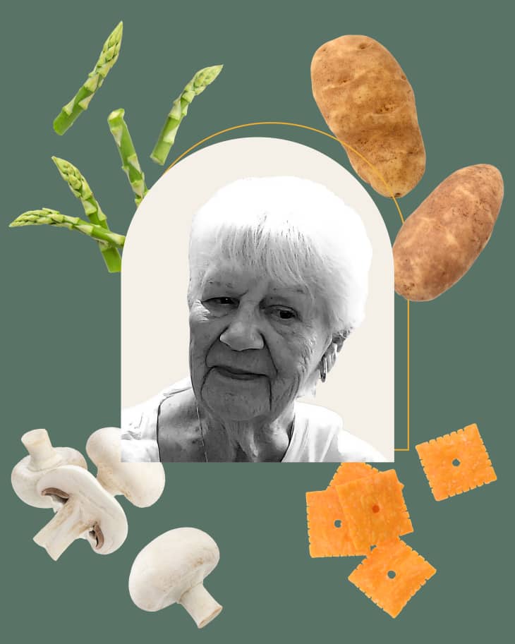 graphic collage of the grocery diary author surrounded by asparagus, russet potatoes, white mushrooms and cheddar crackers from her shopping list
