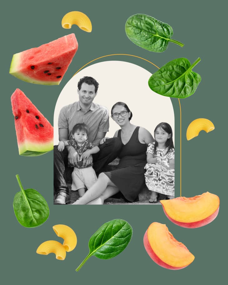 graphic collage of the author Jen and her family surrounded by items from their grocery list including watermelon, peaches, baby spinach, and elbow macaroni