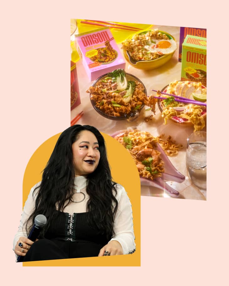photo collage of Omsom co-founder Kim Pham shown with a variety of Omsom noodles