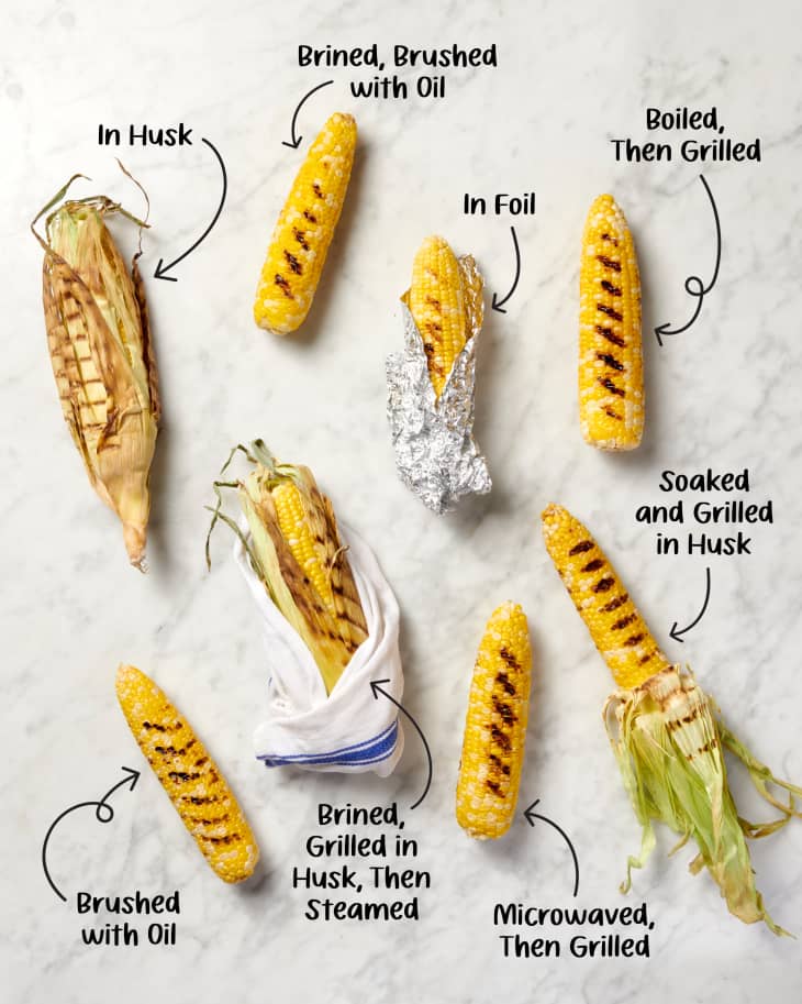 eight different ways to grill corn shown labeled on a marble surface