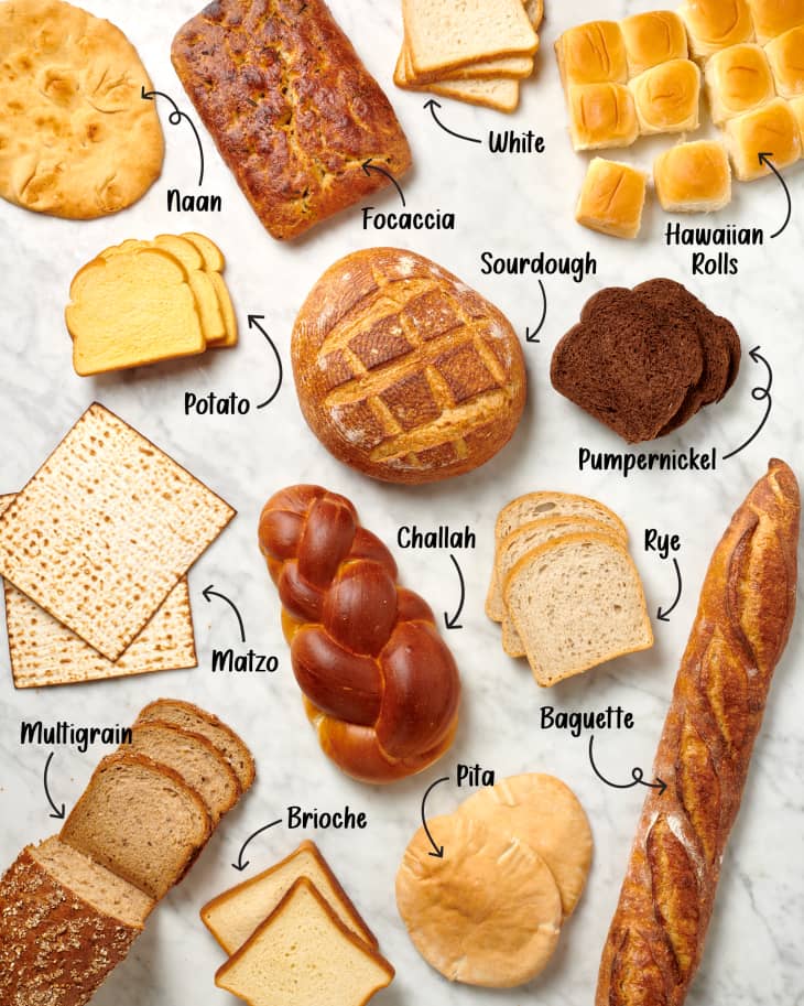 Overhead view of 14 different types of bread laid out on a marble surface.