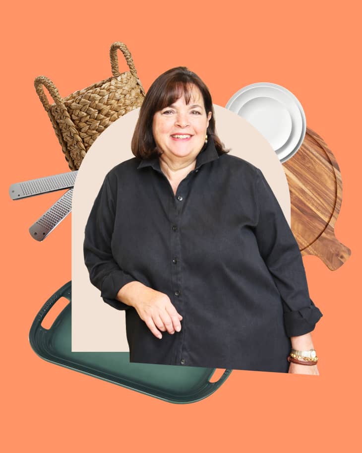 Collage of Ina Garten surrounded by a woven storage basket, a microplane zester, dishes, a wooden cutting board, and a Le Creuset serving platter