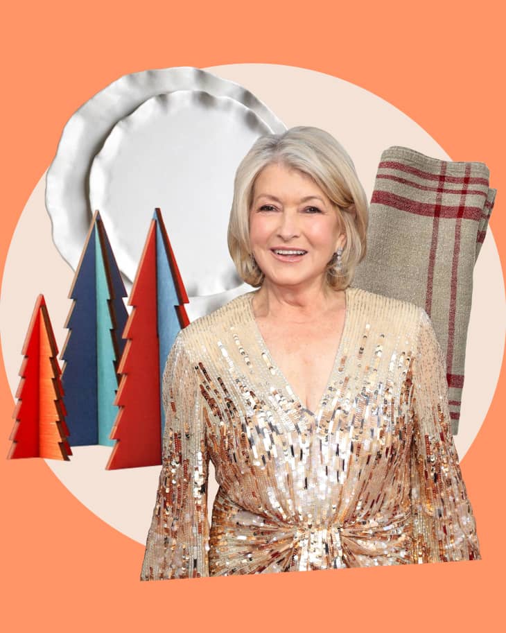 Graphic collage of Martha Stewart surrounded by her holiday kitchen gift picks including colorful christmas trees, ruffled dinner plates and a plaid table runner
