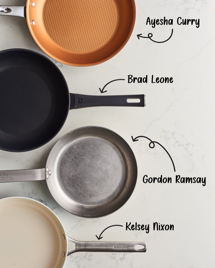 four different chefs' favorite pans shown on a marble surface