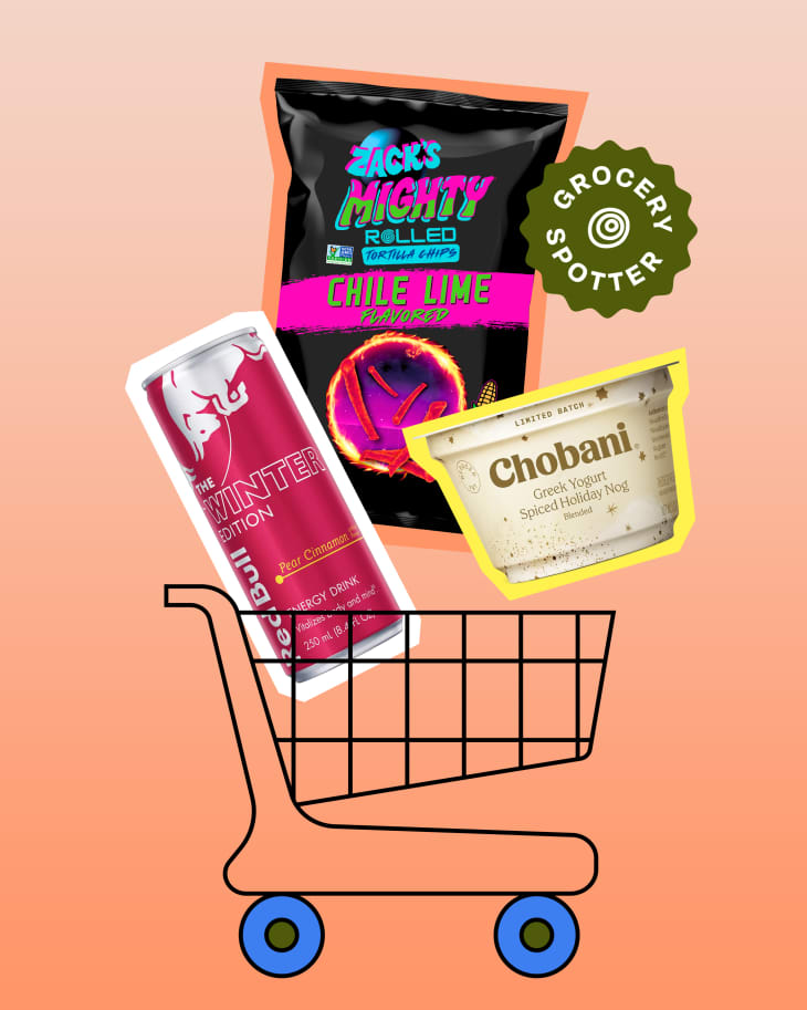 Graphic collage of three new grocery products piling up into a grocery cart