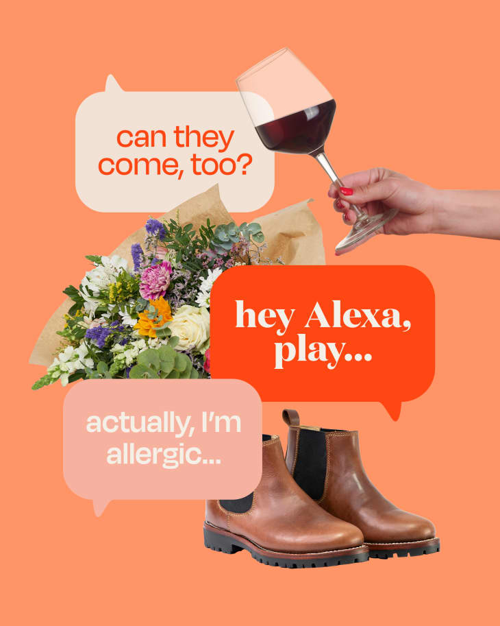 collage of different speech bubbles of dinner party guest phrases with woman holding a glass of wine, a bouquet of fresh flowers, and a pair of boots