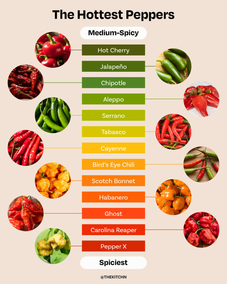 Chart showing thirteen different peppers in order from Medium-Spicy to Spiciest
