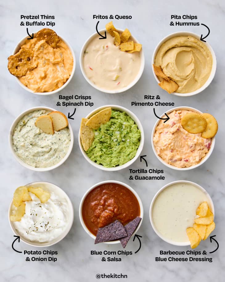 grid of 9 different chip and dip pairings