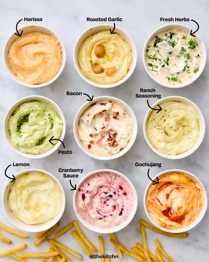 overhead labeled shot of 9 bowls of mayo mixed with different ingredients